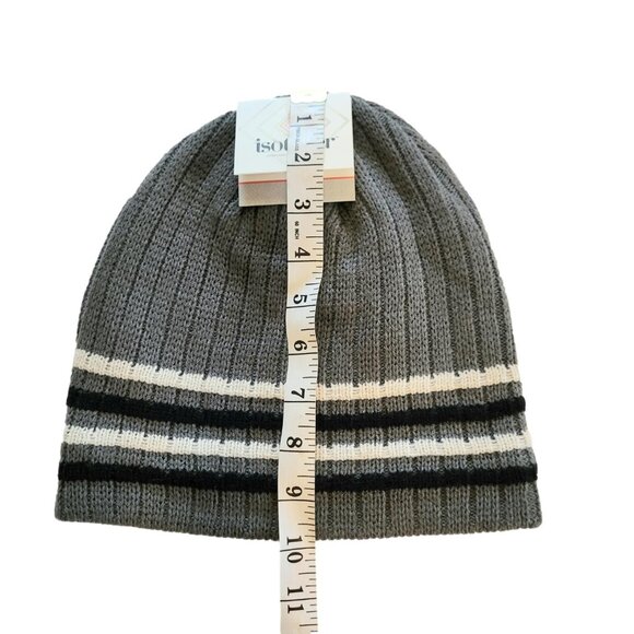 Isotoner Grey Black Cream Striped Knit Cap Hat Cold Weather New - Picture 3 of 4